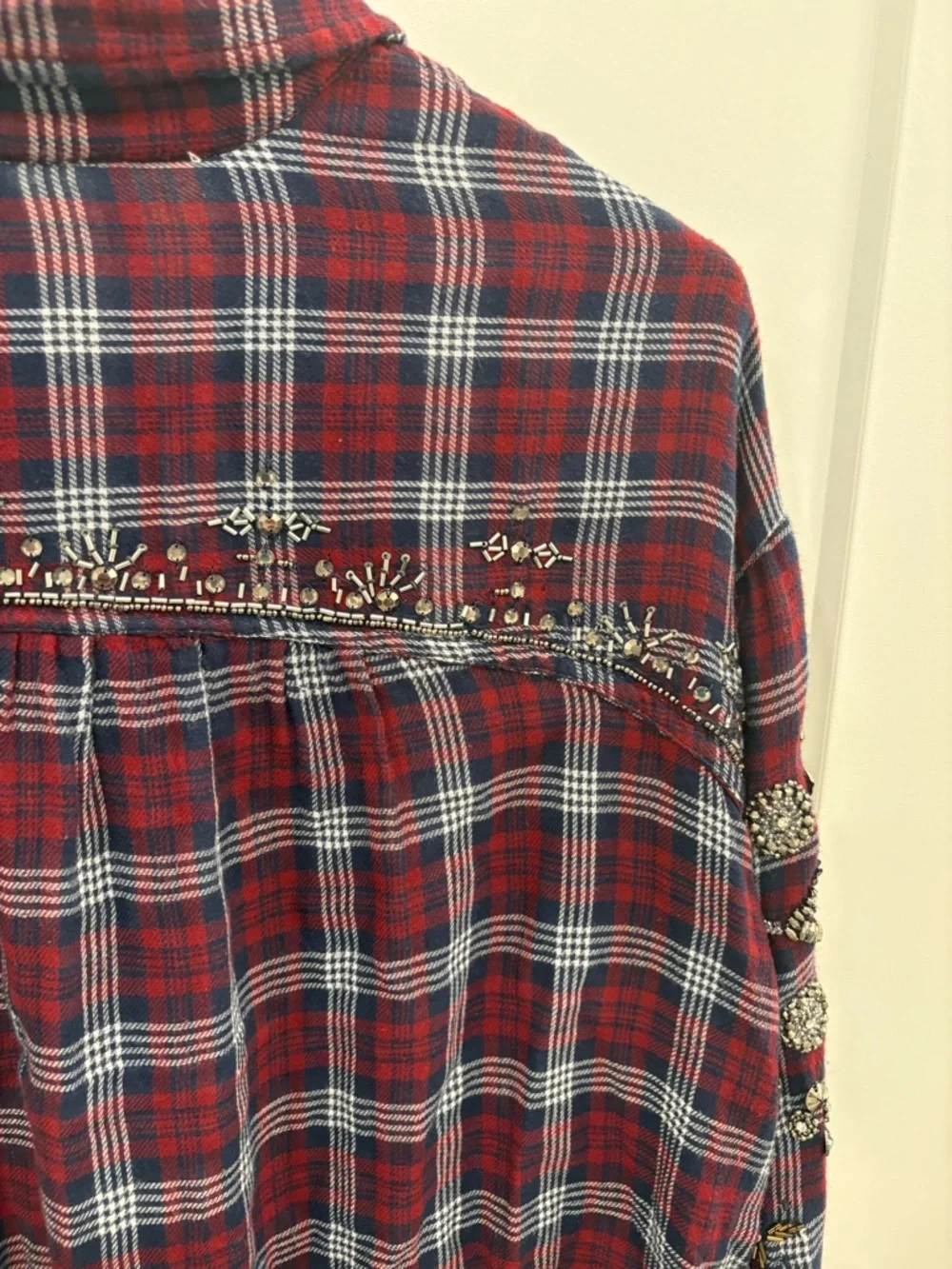 Free People Downtown Romance Red Blue Oversized Embellished Plaid Shirt Size L